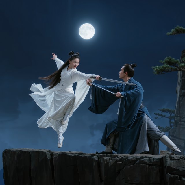 Frontal cinematic shot of two adult martial artists dueling on a cliff at night in ancient China: a female swordswoman in flowing white hanfu is airborne in a dynamic combat pose, thrusting her sword forward, while a male swordsman in traditional Taoist robes firmly parries her attack with his own blade. Moonlit night, wind sweeping their garments and hair, dramatic cliffside setting, tense face-off, elegant wuxia atmosphere, vivid motion, visually striking. — Kling v3 Omni