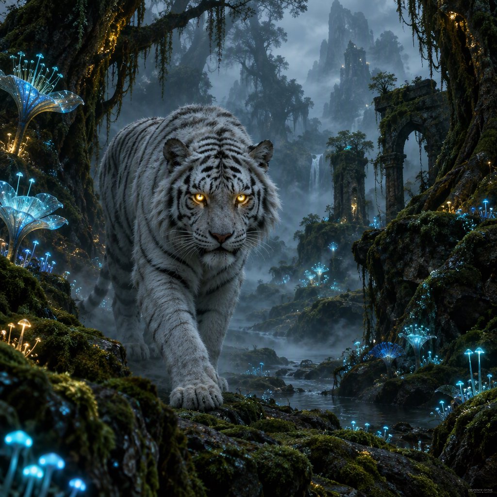 A majestic white tiger with eyes like molten gold, walking through a misty, ancient forest. Strange, bioluminescent flora casts an ethereal glow on the gnarled trees and moss-covered stones. The atmosphere is one of profound mystery and quiet solitude. Rendered in the style of detailed matte painting with a touch of dark fantasy concept art. — GPT Image 2.5 Flare