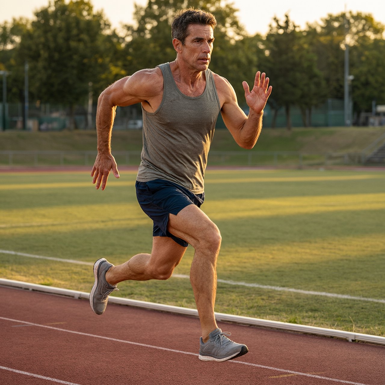 Adult male athlete in running shorts and a tank top mid-sprint on an outdoor track at dawn, muscles defined, motion captured sharply. — Qwen Image 3.0 Pro