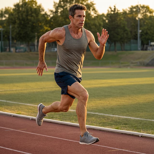 Adult male athlete in running shorts and a tank top mid-sprint on an outdoor track at dawn, muscles defined, motion captured sharply. — Qwen Image 3.0 Pro
