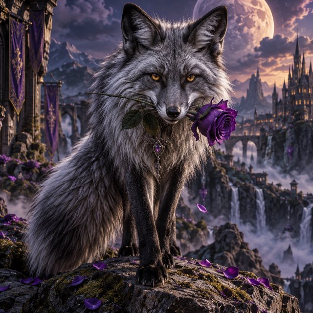 a silver fox holding a purple rose in its mouth, deep color, fantastical, intricate detail, splash screen, complementary colors, fantasy concept art — Model 4