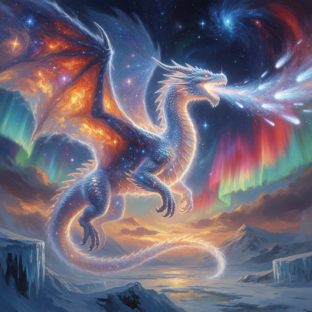 A majestic dragon made of pure starlight and frozen cosmic dust, soaring through a celestial winter landscape. Its scales shimmer with the light of a thousand galaxies, and its breath is a trail of icy comets. The background features swirling aurora borealis over a frozen, mountainous terrain. The style is a blend of painterly fantasy art and surrealism. — Krea 2 Medium