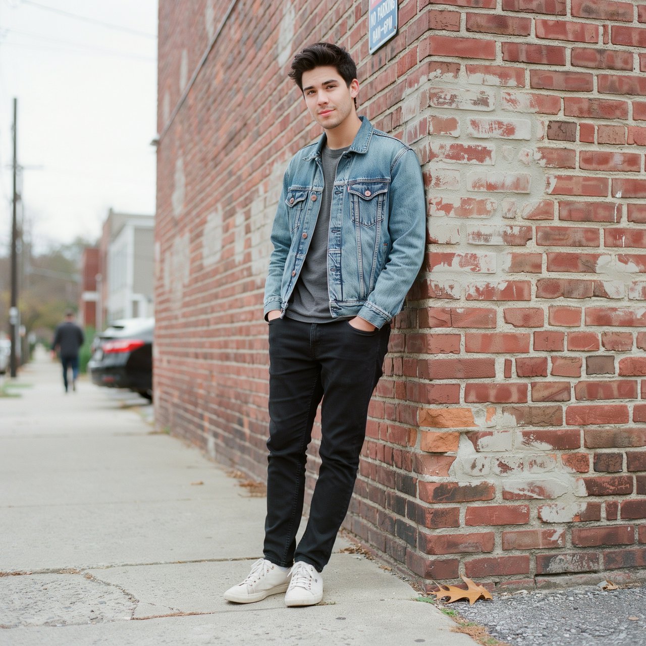 Environmental portrait of a young man in a denim jacket leaning on a red brick wall, overcast light, looking just past the camera. — Ideogram v4