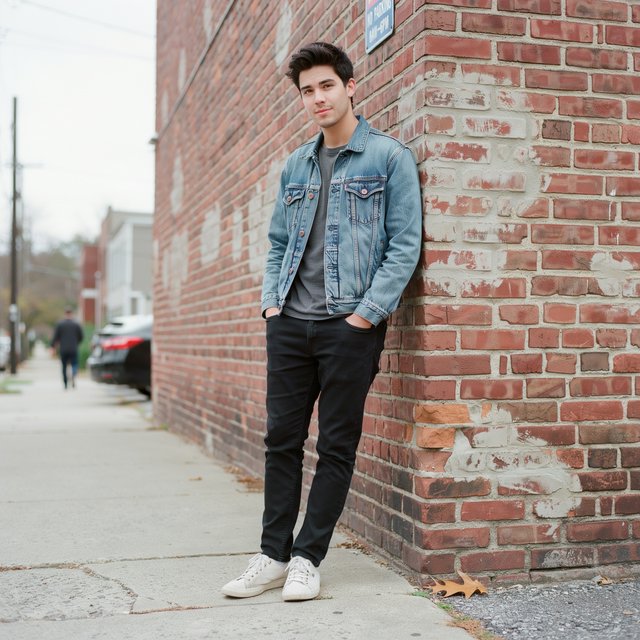 Environmental portrait of a young man in a denim jacket leaning on a red brick wall, overcast light, looking just past the camera. — Ideogram v4