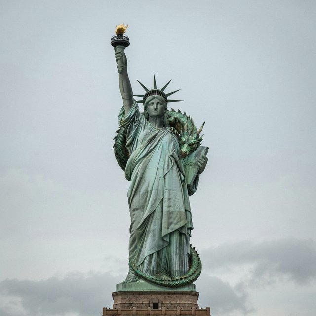 A dragon sleeping on the Statue of Liberty on a moody, overcast day. — Ideogram v4.5