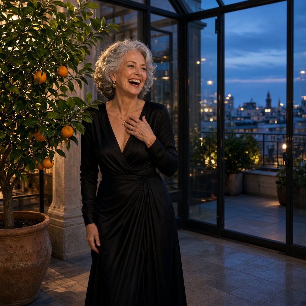 At a quiet rooftop conservatory, an adult woman in her early sixties wears a long-sleeved black evening gown, caught laughing softly beside a citrus tree as blue-hour light spills through the glass; poised styling brings fashion-magazine polish. — Grok Imagine Image 2