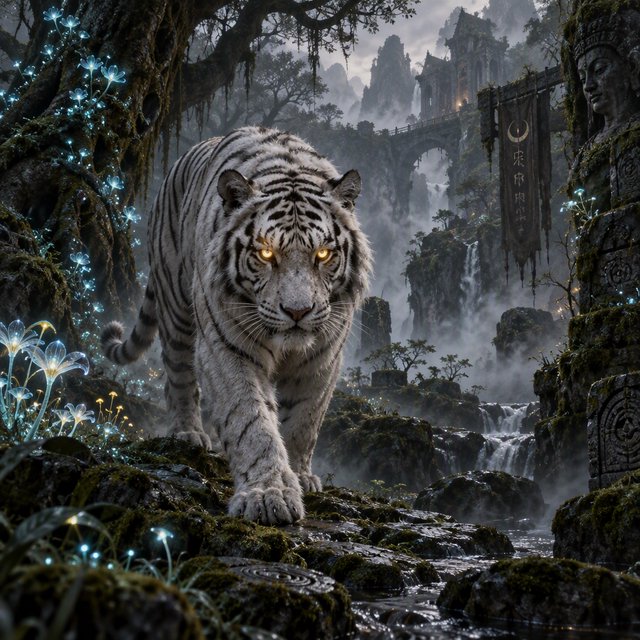 A majestic white tiger with eyes like molten gold, walking through a misty, ancient forest. Strange, bioluminescent flora casts an ethereal glow on the gnarled trees and moss-covered stones. The atmosphere is one of profound mystery and quiet solitude. Rendered in the style of detailed matte painting with a touch of dark fantasy concept art. — GPT Image 2.5 Sunburst