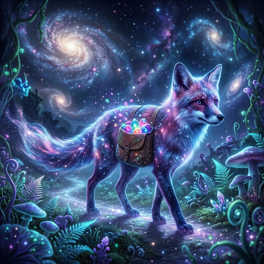 A celestial fox made of stardust and nebulae, carrying a satchel overflowing with glowing cosmic jewels, journeys through an ethereal dreamscape. Swirling galaxies and bioluminescent flora fill the background. The scene is rendered in a surreal, photorealistic style, emphasizing intricate details and a sense of infinite wonder. — Nano Banana 2.1
