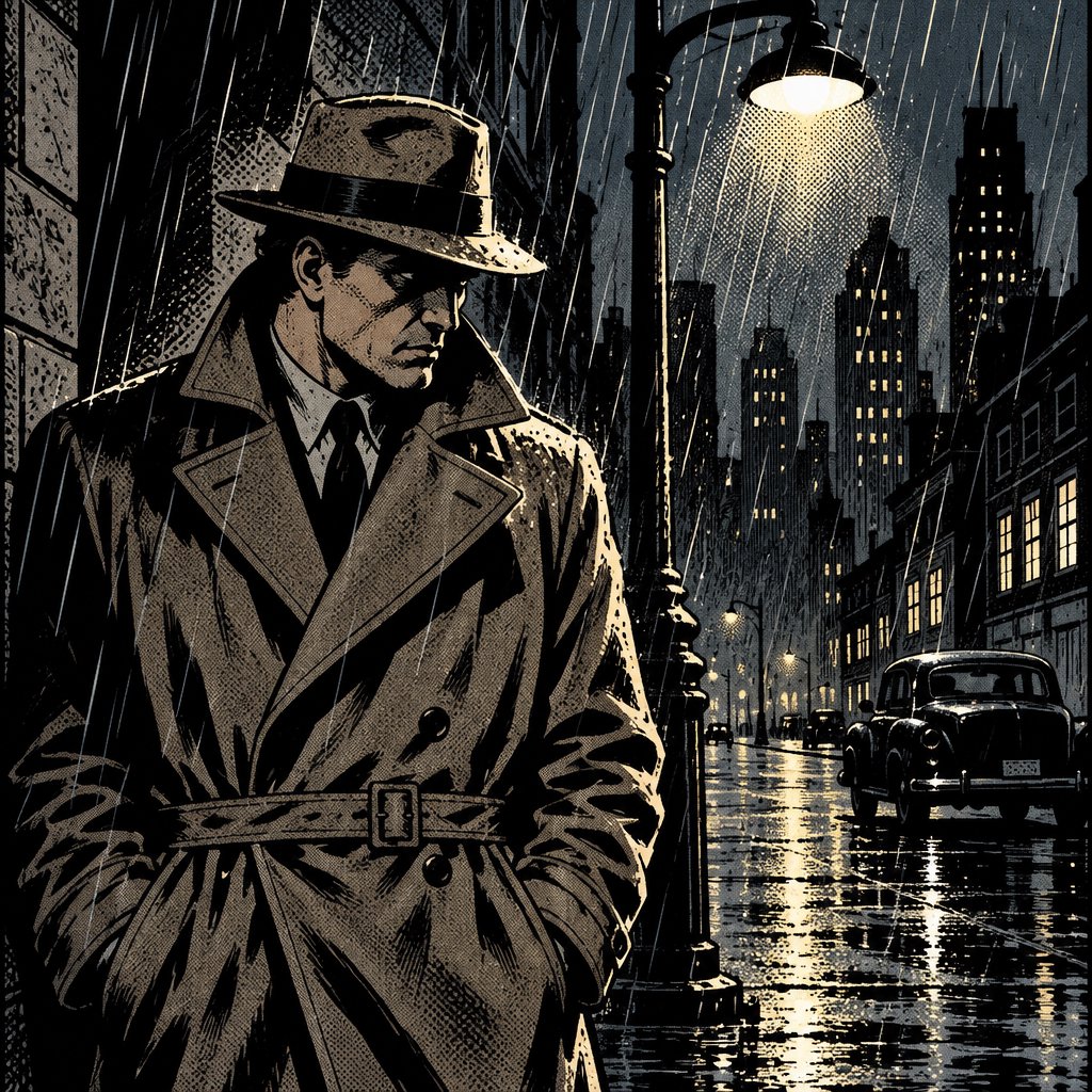 Comic panel of a detective in a trench coat under a streetlamp in the rain, bold ink, halftone shading, no speech bubbles. — GPT Image 2.5 Sunburst