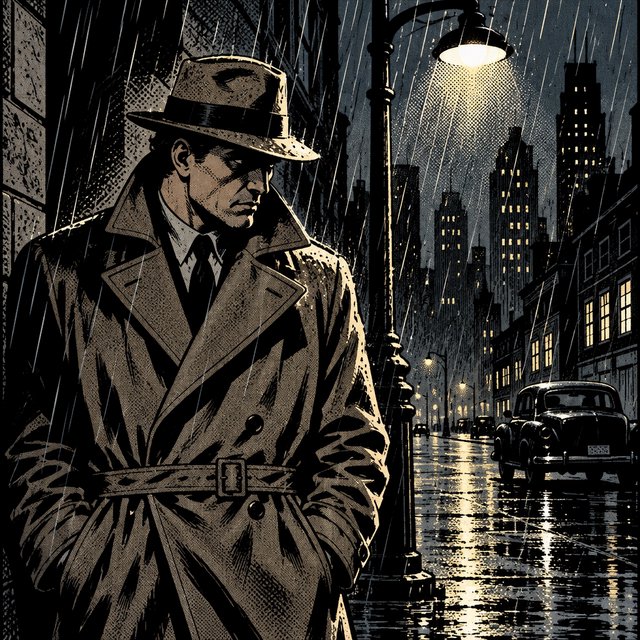 Comic panel of a detective in a trench coat under a streetlamp in the rain, bold ink, halftone shading, no speech bubbles. — GPT Image 2.5 Sunburst