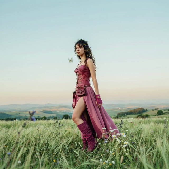 An image depicting a wild character dressed in magenta attire, an outfit, or armor. No text. A complementary pastel background. Lifestyle photography. — Ideogram v4