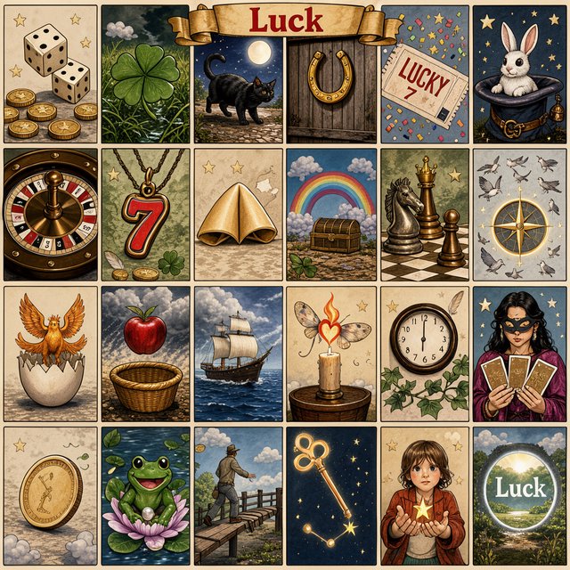 Many panels. Each panel represents an item, thing, creature, or scene that represents Luck. The word "Luck" appears at least once in the image. Be as creative as possible. — FLUX 3 Image Klein