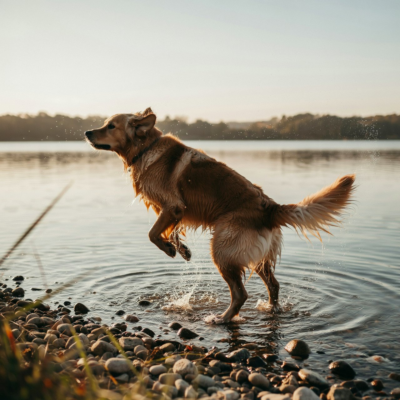 A wet golden retriever shaking off water on a lakeshore, droplets frozen mid-air, backlit by low sun, high shutter speed. — Ideogram v4