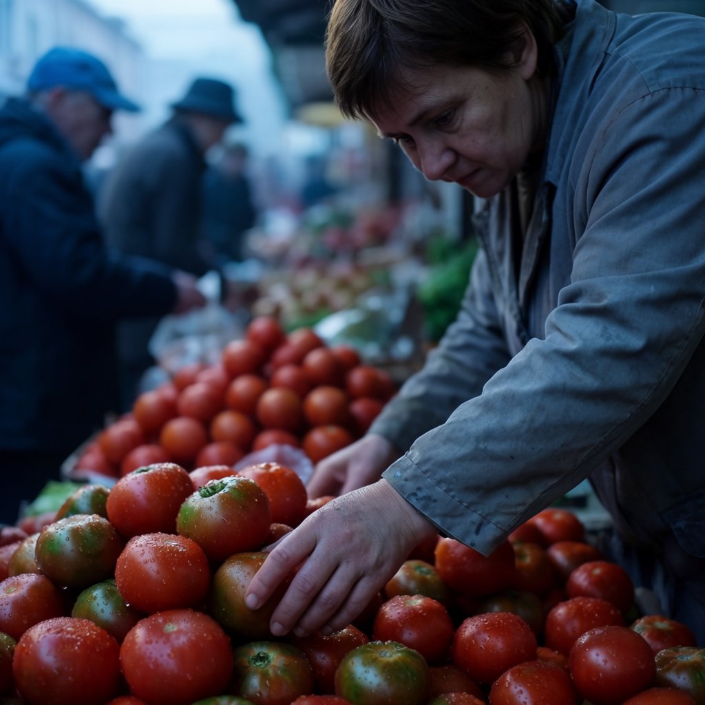 Candid documentary photograph of an adult market vendor arranging ripe tomatoes at an outdoor produce stall, cool early-morning side light, 50mm lens with shallow depth of field, condensation droplets beading on the tomato skins. — Krea 2 Large