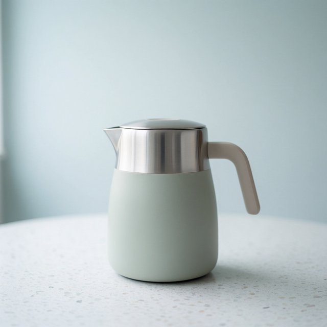Commercial product photograph of an unbranded electric kettle made from matte sage ceramic and brushed stainless steel, resting on a white terrazzo surface against a pale blue background, with soft window light from the left and a delicate grounding shadow. — Krea 2 Medium