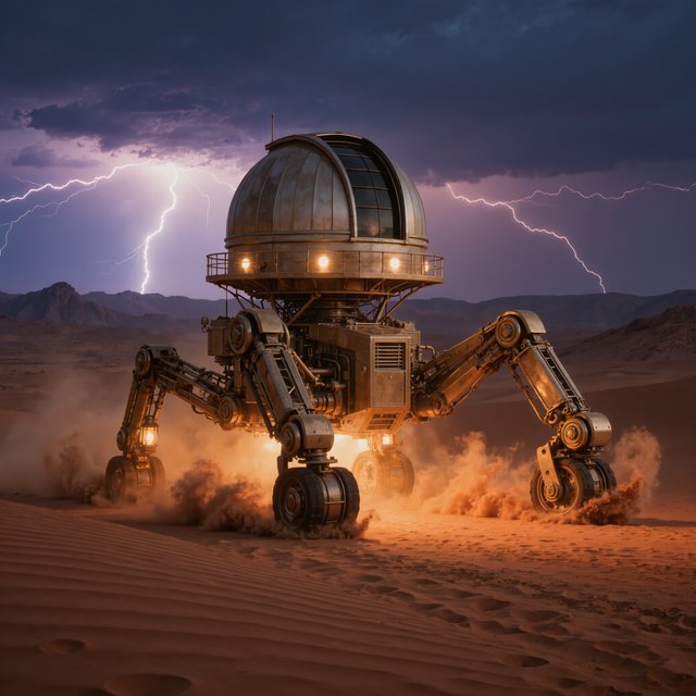 A colossal brass desert crawler carries an observatory dome across red dunes, its articulated legs striding through a sandstorm. Warm lamps glow beneath the hull while distant mesas fade into violet dusk and lightning illuminates the horizon. — Kling v3 Omni