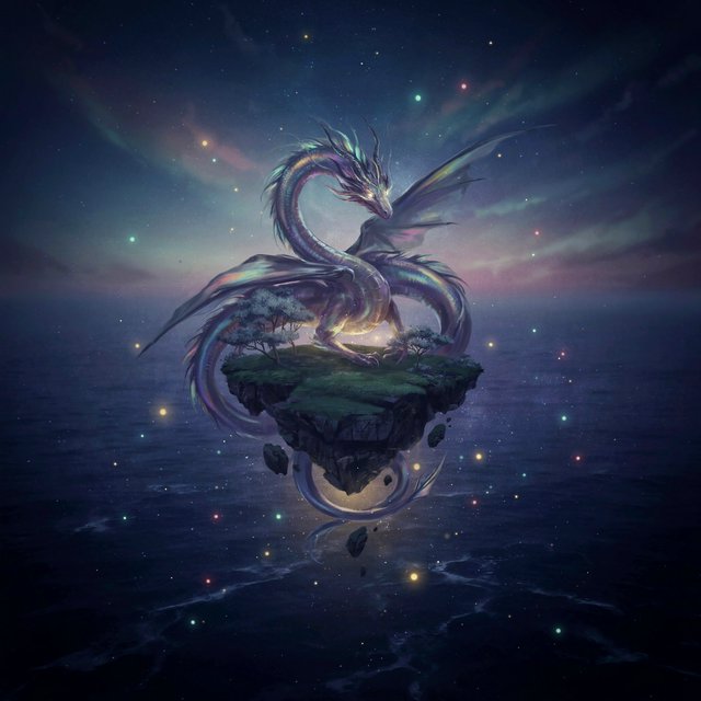 Whispers of mythic power coalesce into a spectral dragon, its form translucent and shimmering with auroral light, coiled around a floating island within a boundless celestial sea. Star-filled oceans stretch to the horizon, dotted with shimmering celestial bodies. The art style blends ethereal fantasy illustration with a subtle nod to ancient mythology, focusing on flowing lines and soft, glowing colors. The atmosphere is one of profound mystery and ancient magic. — Ideogram v4.5