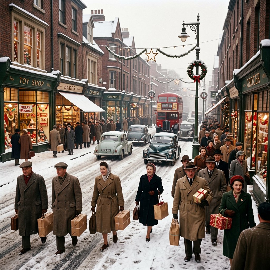 A UK High Street in the 1950s at Christmas time. The roads are covered in snow. The shop windows are decked out for Christmas and the happy adult shoppers are loaded up with gifts for loved ones. The mood is bright and Christmassy. — Nano Banana 2.1