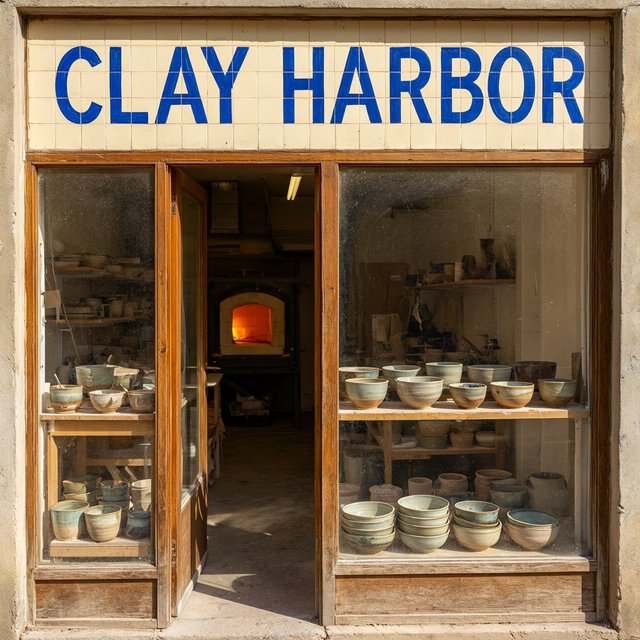A sunlit ceramicist's studio storefront displays glazed bowls behind dusty glass doors; "CLAY HARBOR" is printed in cobalt-blue block letters across a cream tile transom above the entrance, with kiln warmth glowing inside. — Qwen Image 3.0 Pro