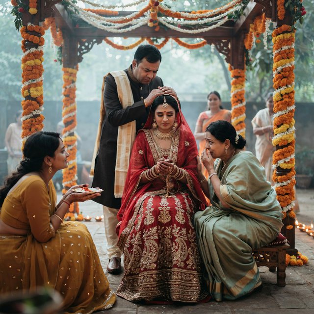 A realistic scene of an Indian wedding showing the emotions of the adult bride and her adult family members — Ideogram v4