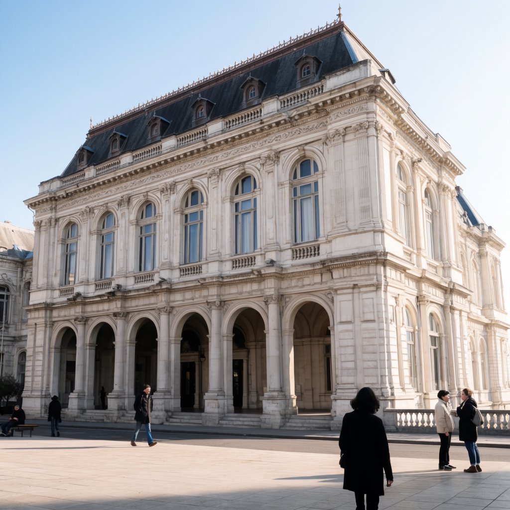 Exterior of a French Second Empire town hall with pale limestone, a dark mansard roof, copper cresting, and tall arched windows; clear spring light falls across the entrance terrace, viewed from the quiet street corner, precise lines and believable construction. — Krea 2 Large