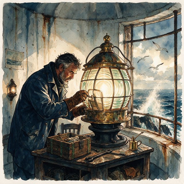 Ink-and-watercolour illustration of an adult lighthouse keeper repairing a brass lantern inside a windswept cliff tower, gulls circling beyond the window and sea spray glowing below. Palette of navy, rust, seafoam, and warm ivory, with expressive linework. — Seedream 5.0 Pro