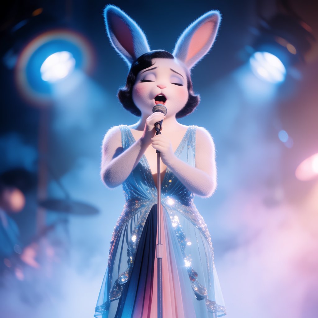 Anthropomorphic rabbit-human hybrid. No human ears visible; the areas where ears would normally be are covered by rabbit fur. A pulchritudinous East Asian 32-year-old wearing a luxurious flapper dress with a deep V split down the center, standing on stage behind a luxurious retro microphone, singing her heart out into it. Taken with a professional DSLR camera and a 35mm lens. Background bokeh, stage lights with a bloom effect. — Krea 2 Medium