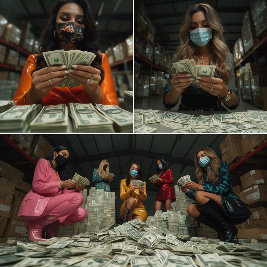 Adult women wearing masks (the kind you wear when you have a cold), in a warehouse, all wearing the kinds of outfits you would see models wear on a runway, counting lots of money (money is seen everywhere, on tables, on the floor, etc.). At least 4 different POVs. — Krea 2 Large