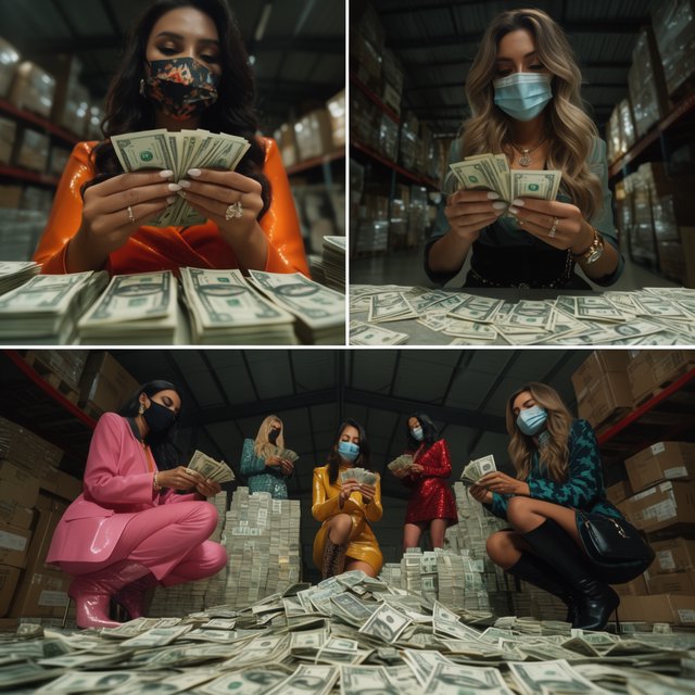 Adult women wearing masks (the kind you wear when you have a cold), in a warehouse, all wearing the kinds of outfits you would see models wear on a runway, counting lots of money (money is seen everywhere, on tables, on the floor, etc.). At least 4 different POVs. — Krea 2 Large