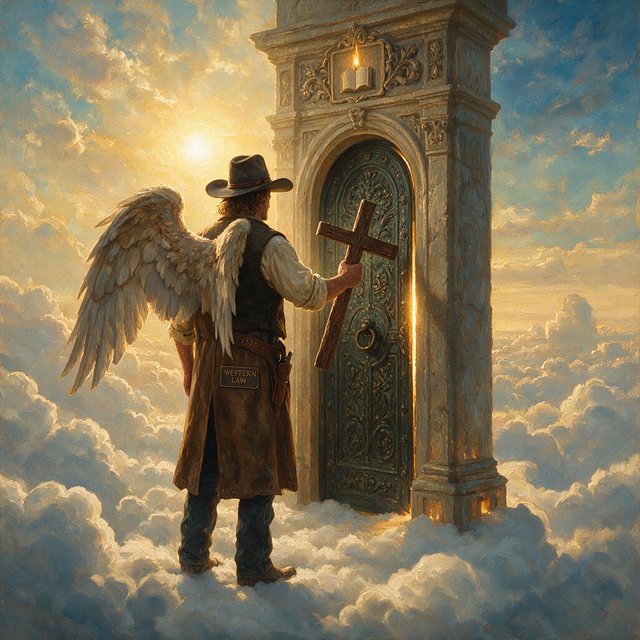 Create a painted image of a frontier lawman in heaven, facing away from the camera with angel wings. He is standing on a ground made of clouds, with a door in front of him. Holding a cross, he uses it to knock on the door. — Seedream 5.0 Pro