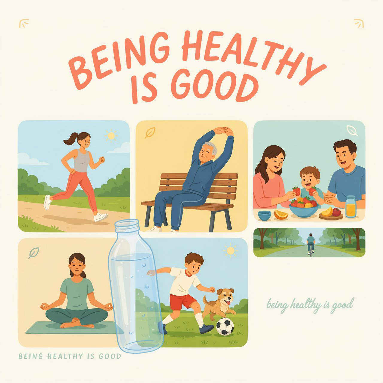 An image relating to good health and happiness. The words “Being Healthy Is Good” appear in the background at least a couple of times. 4–7 moments. — Ideogram v4