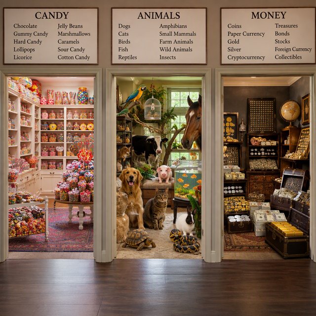 Realistic. Three scenes in one. 1) A room filled with many types of candy. 2) A room filled with many kinds of animals. 3) A room filled with all kinds of money. Above each room, a list names what is inside. — GPT Image 2.5 Sunburst