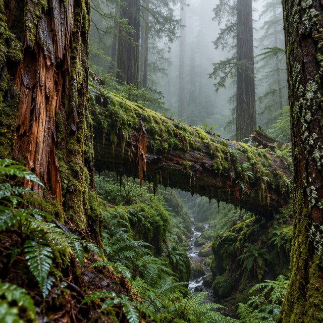 Between cedar trunks, a moss-covered fallen giant bridges a fern-filled ravine in steady dawn drizzle; shredded bark, rain-dark lichen, and tiny rivulets stand crisp nearby while successive trees dissolve into green mist. — GPT Image 2.5 Flare