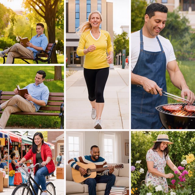 A realistic multi-panel composition with 4–7 panels, each depicting an adult enjoying a wonderful day in a distinct everyday setting. — Kling v3