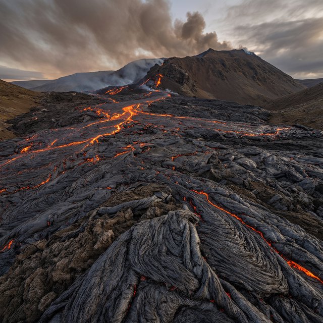 Fresh lava threads a black cinder plain on a volcanic island at dusk beneath ash-laden wind; blistered crust and brittle pumice in the foreground give way to glowing fissures fading into smoke. — Qwen Image 3.0 Pro