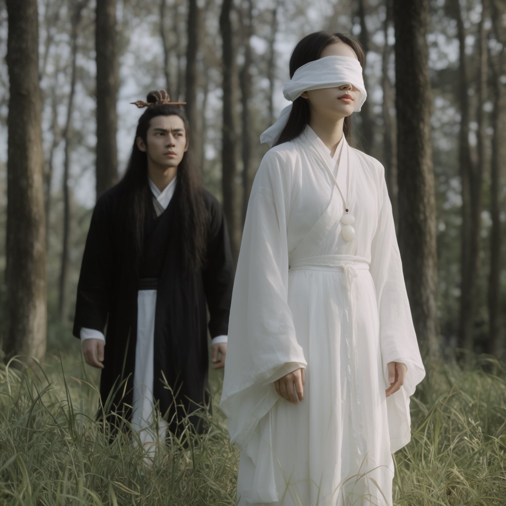A beautiful young adult woman in flowing white hanfu stands quietly in a sparse forest, blindfolded with a soft white cloth. Grass surrounds her feet, and the scene feels calm, mysterious, and poetic. A few steps behind her stands a young adult male Taoist in traditional robes, gazing at her with a mesmerized, captivated expression. Gentle natural light filters through the thin trees, creating an ethereal atmosphere. Cinematic, elegant, emotionally evocative. — Krea 2 Large