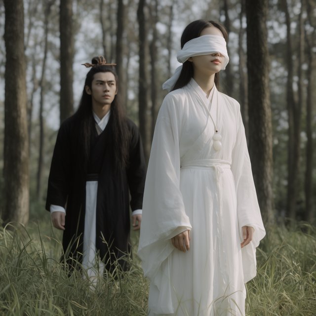A beautiful young adult woman in flowing white hanfu stands quietly in a sparse forest, blindfolded with a soft white cloth. Grass surrounds her feet, and the scene feels calm, mysterious, and poetic. A few steps behind her stands a young adult male Taoist in traditional robes, gazing at her with a mesmerized, captivated expression. Gentle natural light filters through the thin trees, creating an ethereal atmosphere. Cinematic, elegant, emotionally evocative. — Krea 2 Large