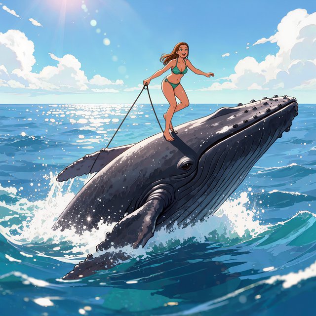 Anime-style illustration of an adult young woman confidently balancing on the broad back of a massive humpback whale as it swims across the open ocean. She wears a stylish two-piece bikini appropriate for a sunny tropical setting, with wet hair and subtle water droplets catching the light. One hand grips a sturdy tether secured near the whale's dorsal area, using it to maintain her balance as the whale moves through the waves, while her other arm extends naturally for stability. The whale is enormous and majestic, its dark blue-gray skin covered in realistic texture, scars, and subtle highlights. Its powerful body breaks partially above the rolling ocean surface, creating a sweeping trail of white foam and spray behind it. The woman looks exhilarated and joyful, her expression conveying adventure and freedom rather than fear. Vast open sea stretches toward the horizon beneath a brilliant blue sky with scattered white clouds. Sunlight sparkles across the water — Kling v3