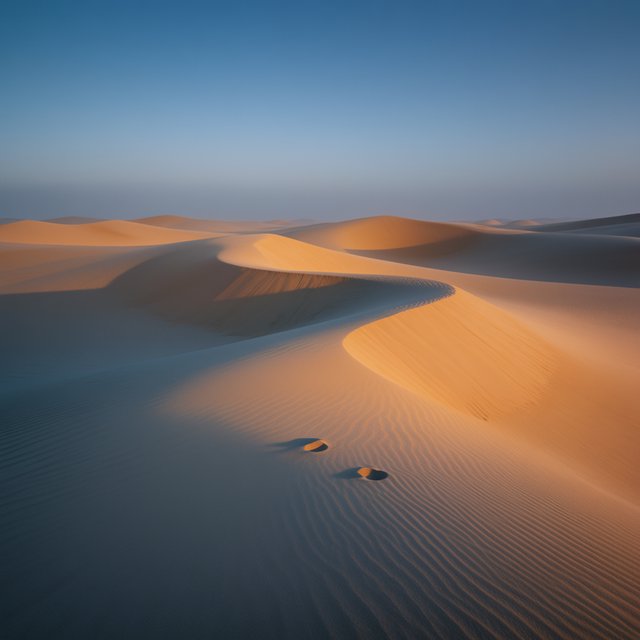 Sand dunes at sunset with wind-blown ridges, one set of footprints, deep blue sky fading to orange. — Krea 2 Medium