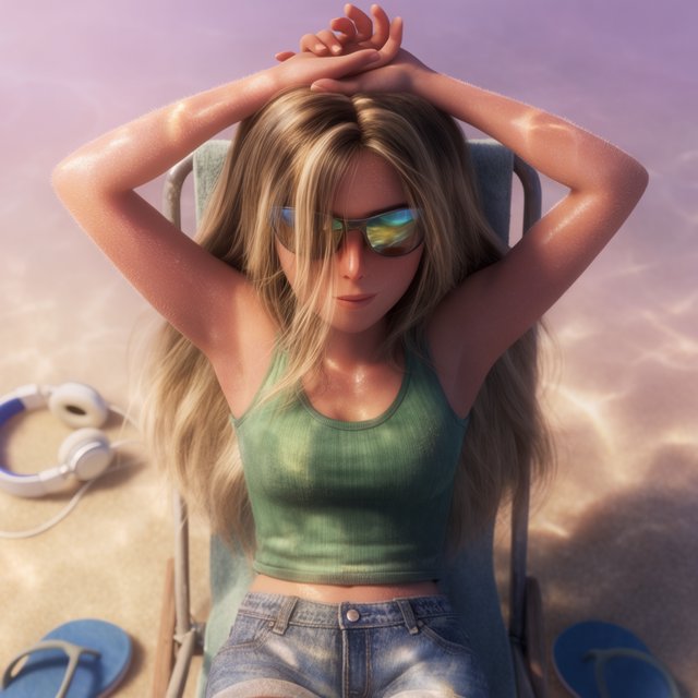 Photorealistic CGI animated movie still of a relaxed young-adult woman reclining in a beach chair, arms lifted and resting behind her head. Long sun-streaked blonde hair, mirrored sunglasses, green ribbed tank top and faded blue denim shorts, fabric clinging slightly. Close-medium shot, slight top-down front view, shallow depth of field, detail on skin pores and realistic vellus hairs catching golden-hour light. Warm frontlit light, soft rim glow, gentle water ripples, specular highlights, subtle sun flare, pastel summer palette, relaxed serene expression, natural skin texture, cinematic composition. — Model 10