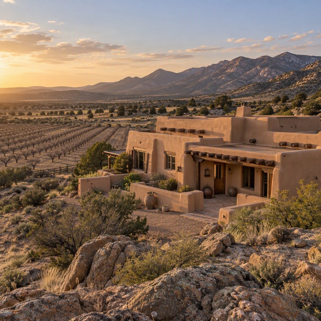Beyond dry orchard rows, a Pueblo Revival adobe house settles into the desert foothills, with timber lintels and a muted clay roof; warm late-afternoon light, viewed from a rocky rise, reveals clean geometry and credible construction. — GPT Image 2.5 Sunburst