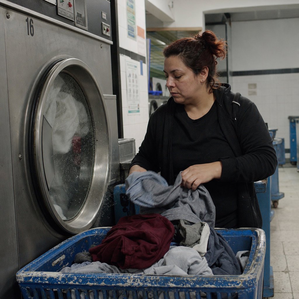 Candid documentary photograph of an adult woman sorting clothes in a self-service laundromat, cool fluorescent light, 35mm lens with moderate depth of field, loose lint suspended above a tumbling machine, worn baskets and tiled walls rendered naturally. — GPT Image 2