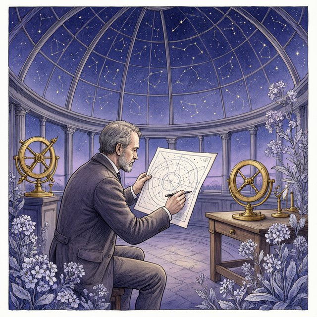 Ink-and-watercolour illustration of an adult astronomer mapping constellations from a glass-domed observatory, surrounded by brass instruments and flowering night plants. Indigo, lavender, and pale gold palette, delicate linework, serene atmospheric detail. — Qwen Image 3.0 Pro