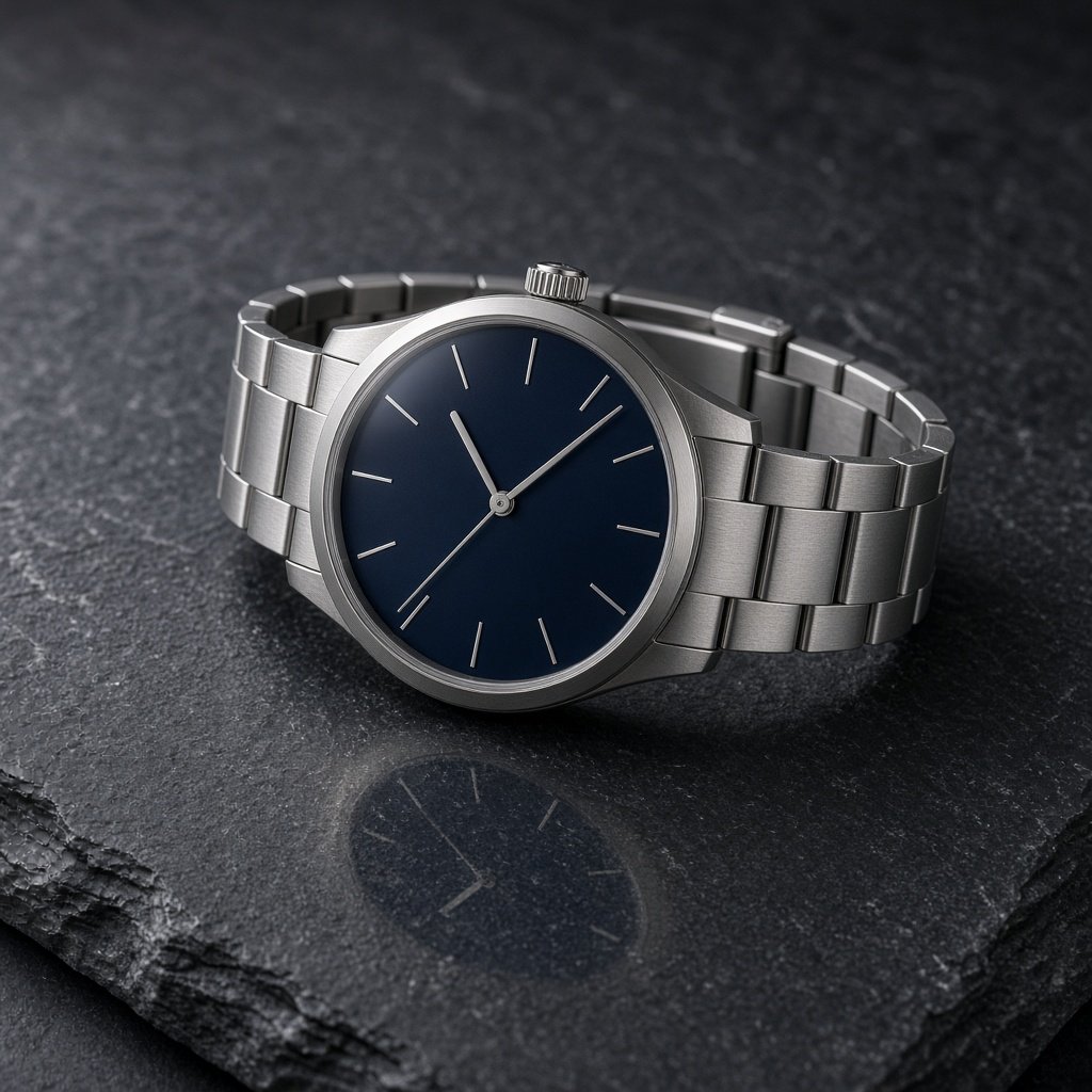 Product shot of a minimalist steel wristwatch with a navy dial on dark slate, single softbox from the upper left, subtle reflection. — Grok Imagine Image 2