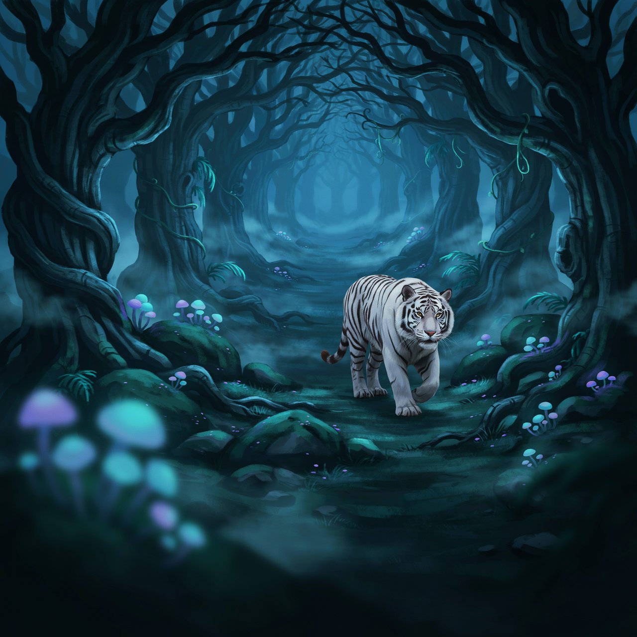 A majestic white tiger with eyes like molten gold, walking through a misty, ancient forest. Strange, bioluminescent flora casts an ethereal glow on the gnarled trees and moss-covered stones. The atmosphere is one of profound mystery and quiet solitude. Rendered in the style of detailed matte painting with a touch of dark fantasy concept art. — Ideogram v4