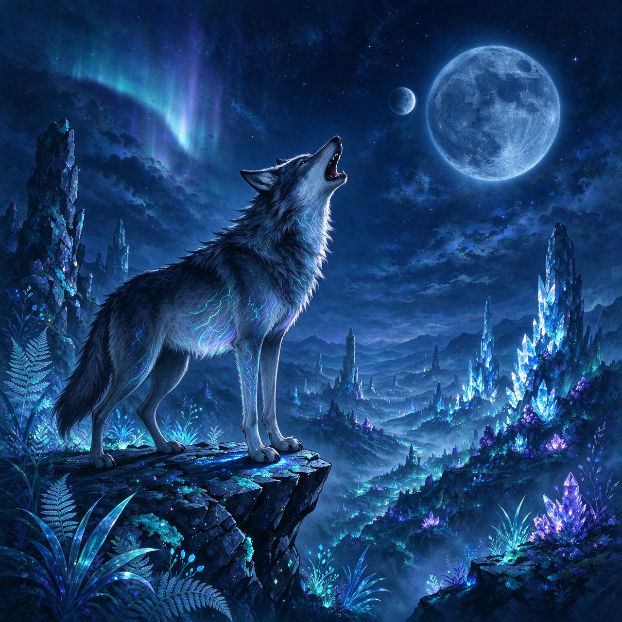 A solitary wolf, its fur subtly infused with shimmering, bio-luminescent patterns, howling at a sky filled with twin moons. The wolf stands on a cliff overlooking a vast, alien landscape dotted with strange, glowing rock formations and spectral, phosphorescent vegetation. — Seedream 5.0 Flash
