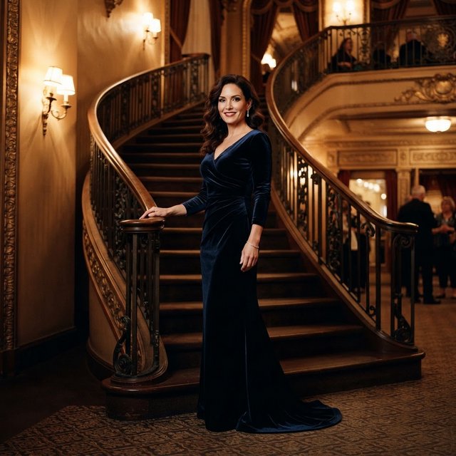 Editorial glamour photograph of an adult woman in a midnight-blue velvet evening gown, standing naturally beside a curved staircase in an old theatre, warm flattering sconce light, relaxed shoulders, poised expression, refined cinematic elegance. — Nano Banana 2 Lite
