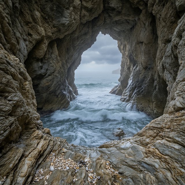 Inside a blue-grey sea cave, incoming swells curl over ribbed limestone beneath a clearing rain squall in late afternoon; wet mineral bands and shell fragments sharpen the entrance ledge, while the cavern mouth frames hazy open water. — Qwen Image 3.0