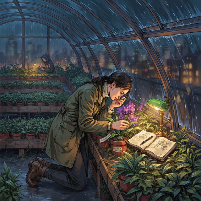 Rain beads on a rooftop greenhouse as an adult botanist studies luminous night-blooming orchids beneath glass panes; cel-shaded anime illustration in digital paint, palette of jade, magenta, indigo, and warm amber. — Ideogram v4