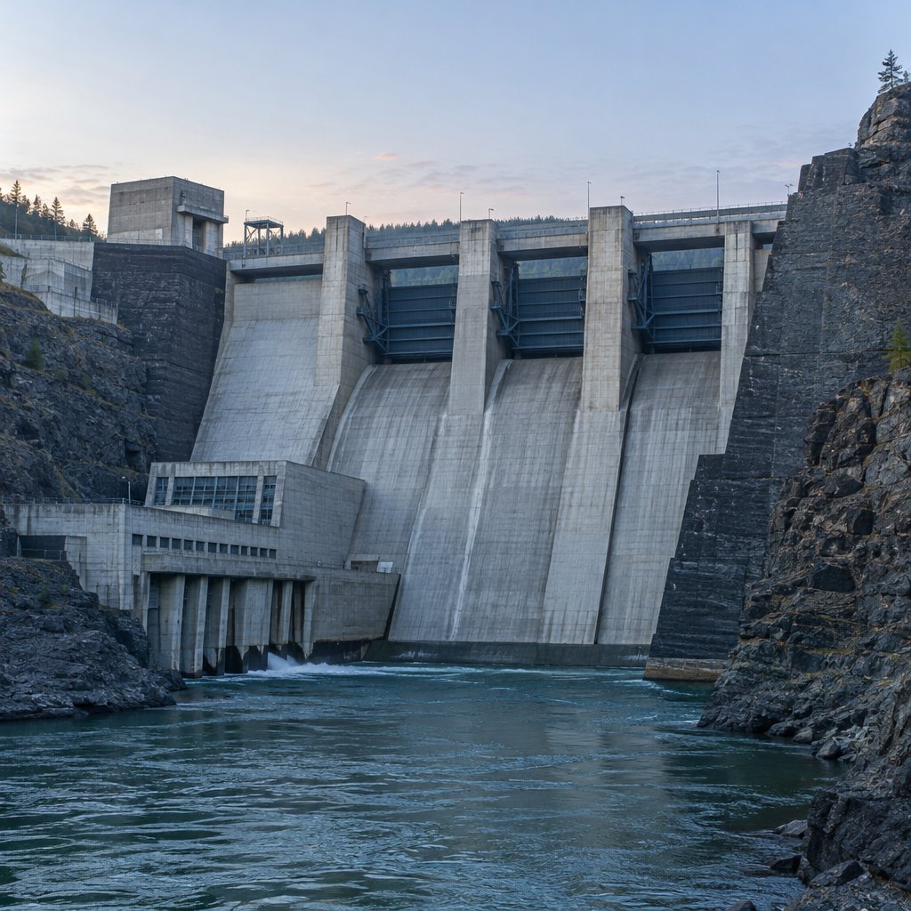 A broad hydroelectric dam in contemporary Brutalist engineering style spans a rocky gorge, its pale concrete face anchored by dark basalt abutments and steel gates; cool dawn light, viewed from downstream, with convincing load-bearing geometry. — GPT Image 2.5 Flare